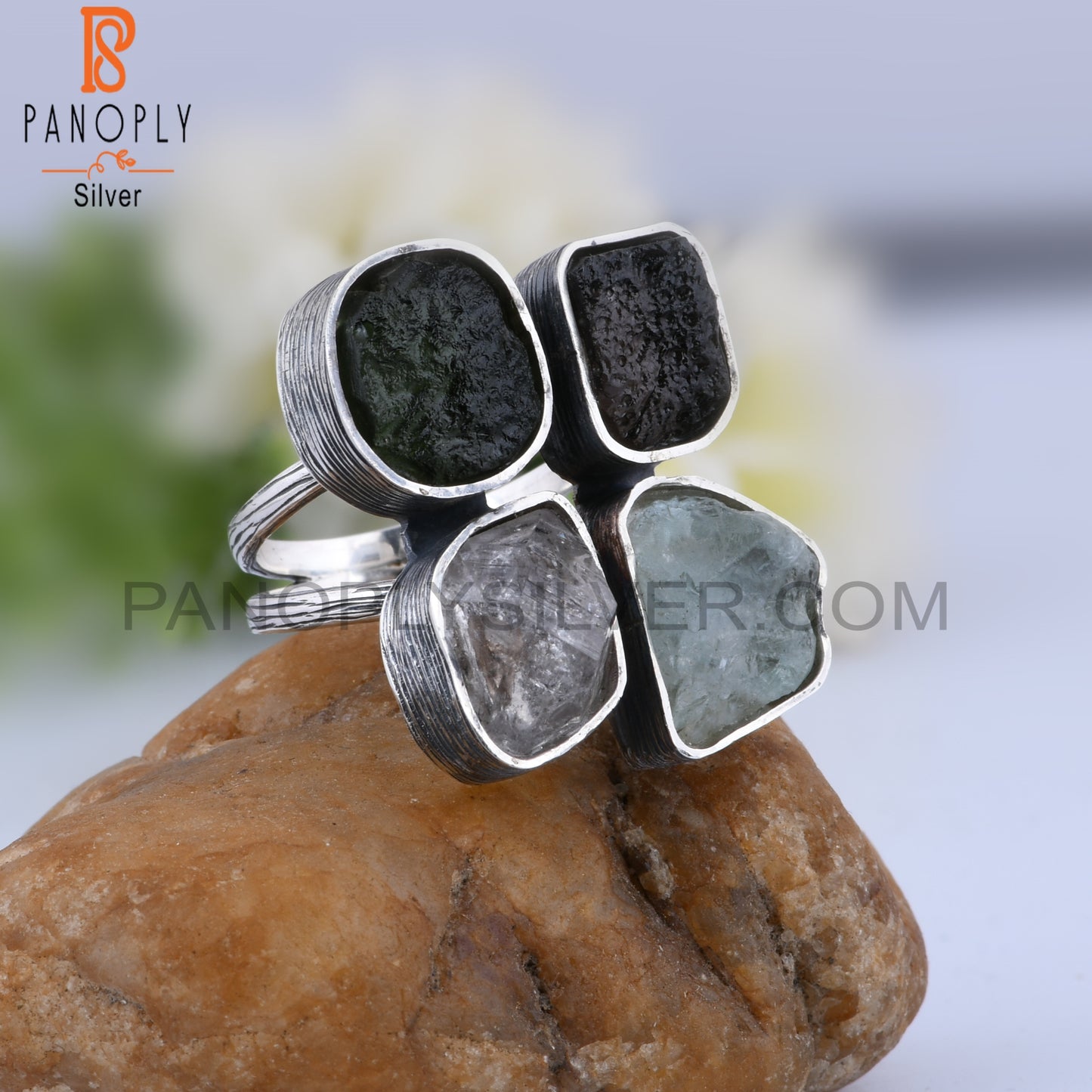 Herkimer Diamond Aquamarine Moldavite, Columbianite 925 Ring