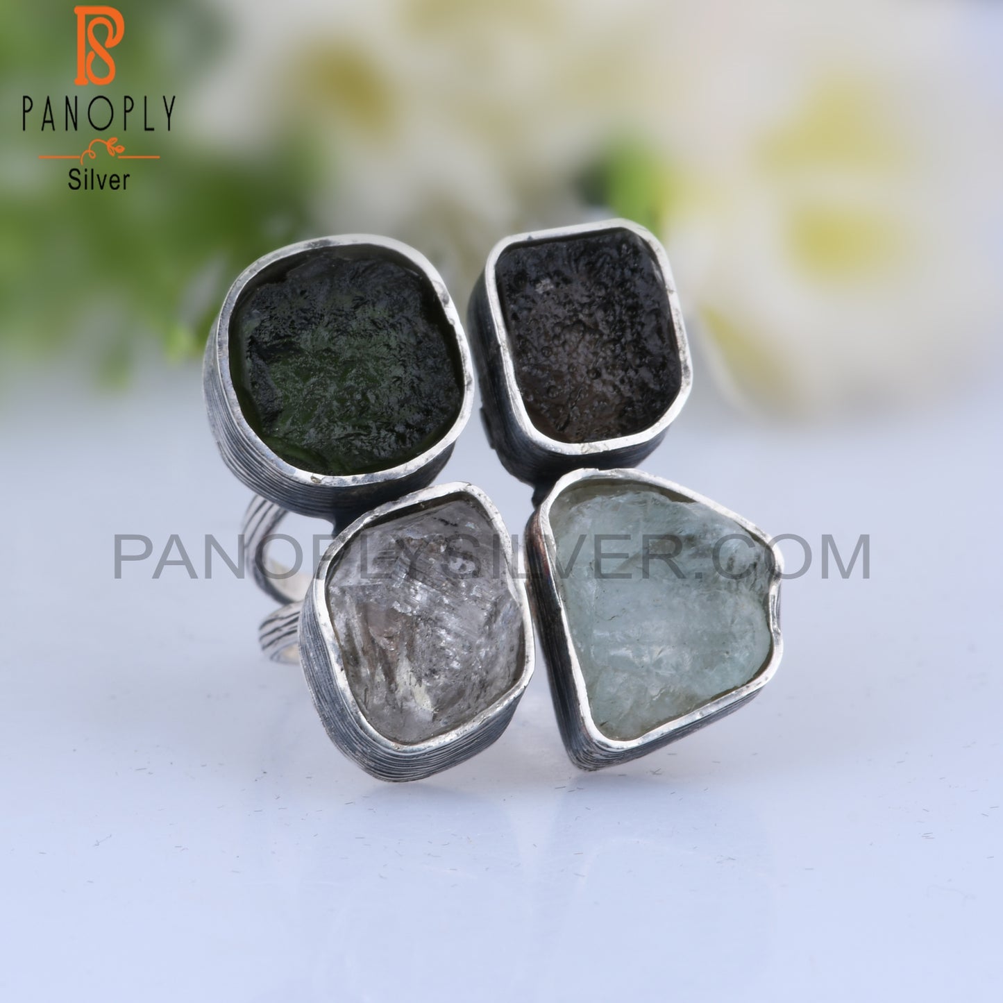 Herkimer Diamond Aquamarine Moldavite, Columbianite 925 Ring