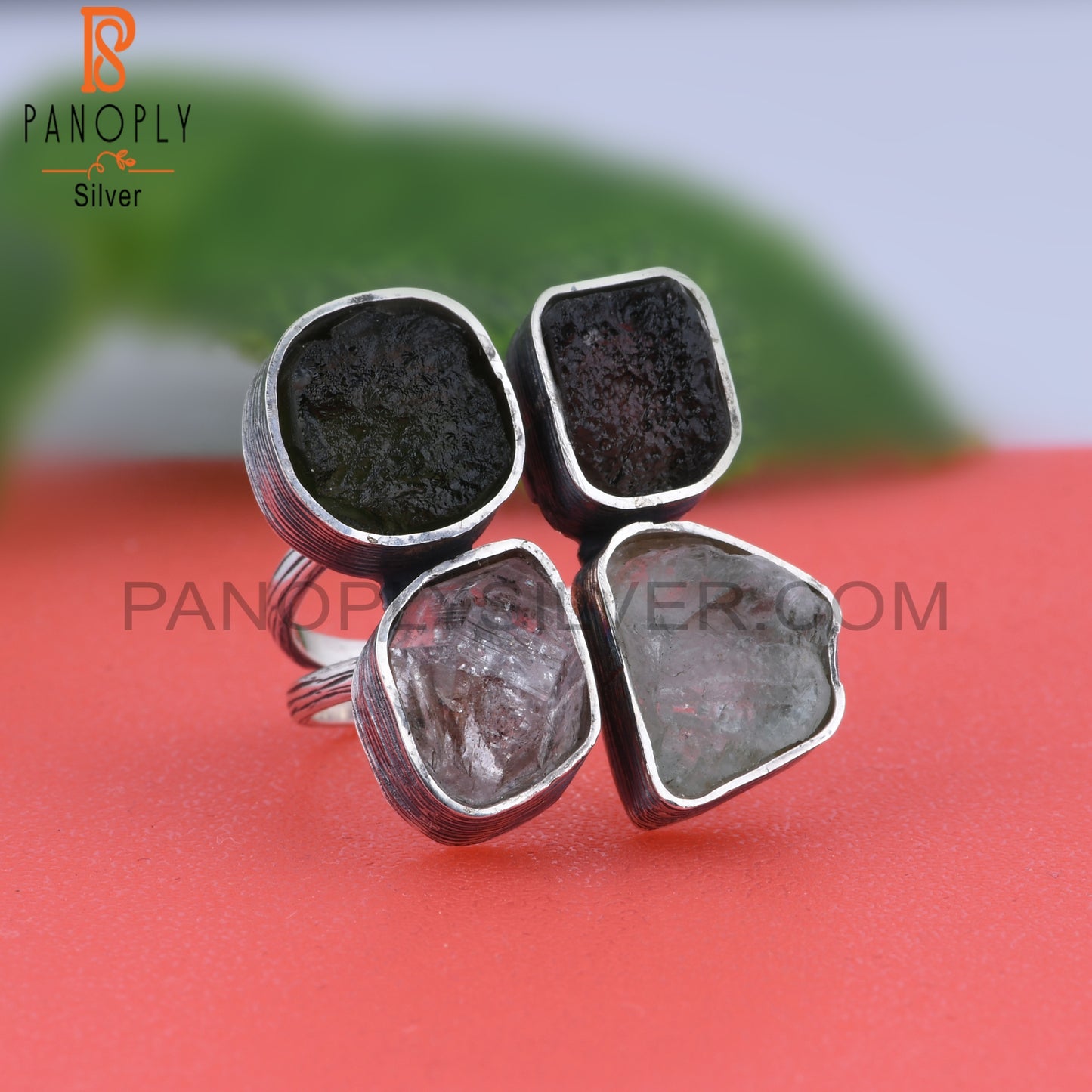 Herkimer Diamond Aquamarine Moldavite, Columbianite 925 Ring