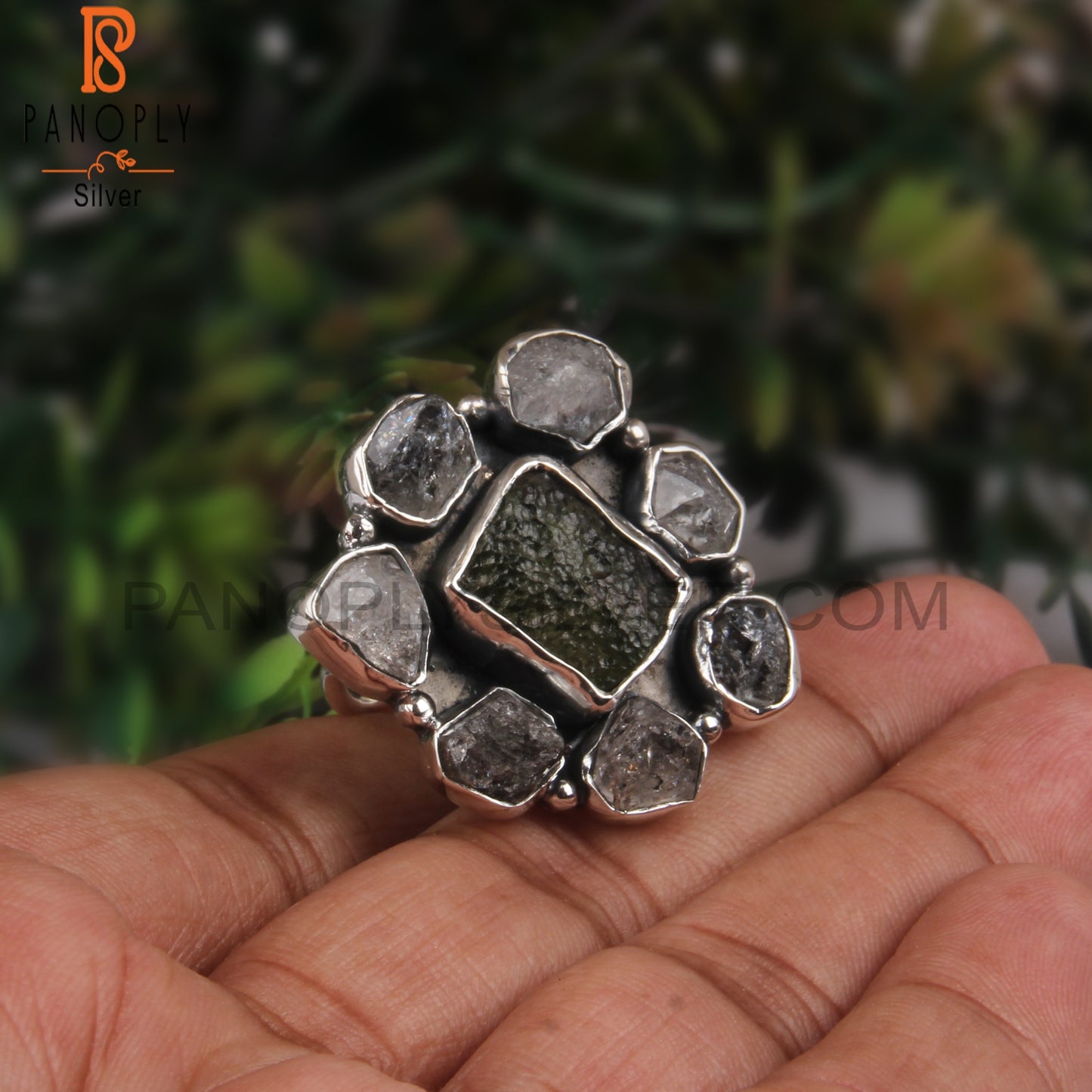 Moldavite & Herkimer Diamond Rough 925 Sterling Silver Ring