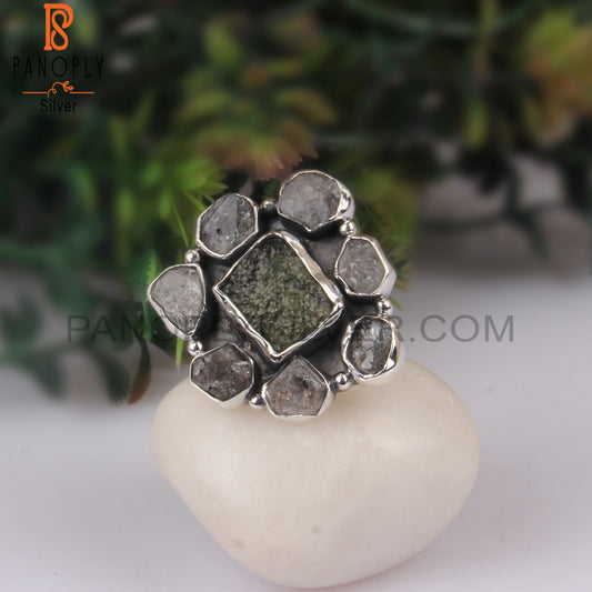 Moldavite & Herkimer Diamond Rough 925 Sterling Silver Ring