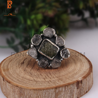Moldavite & Herkimer Diamond Rough 925 Sterling Silver Ring