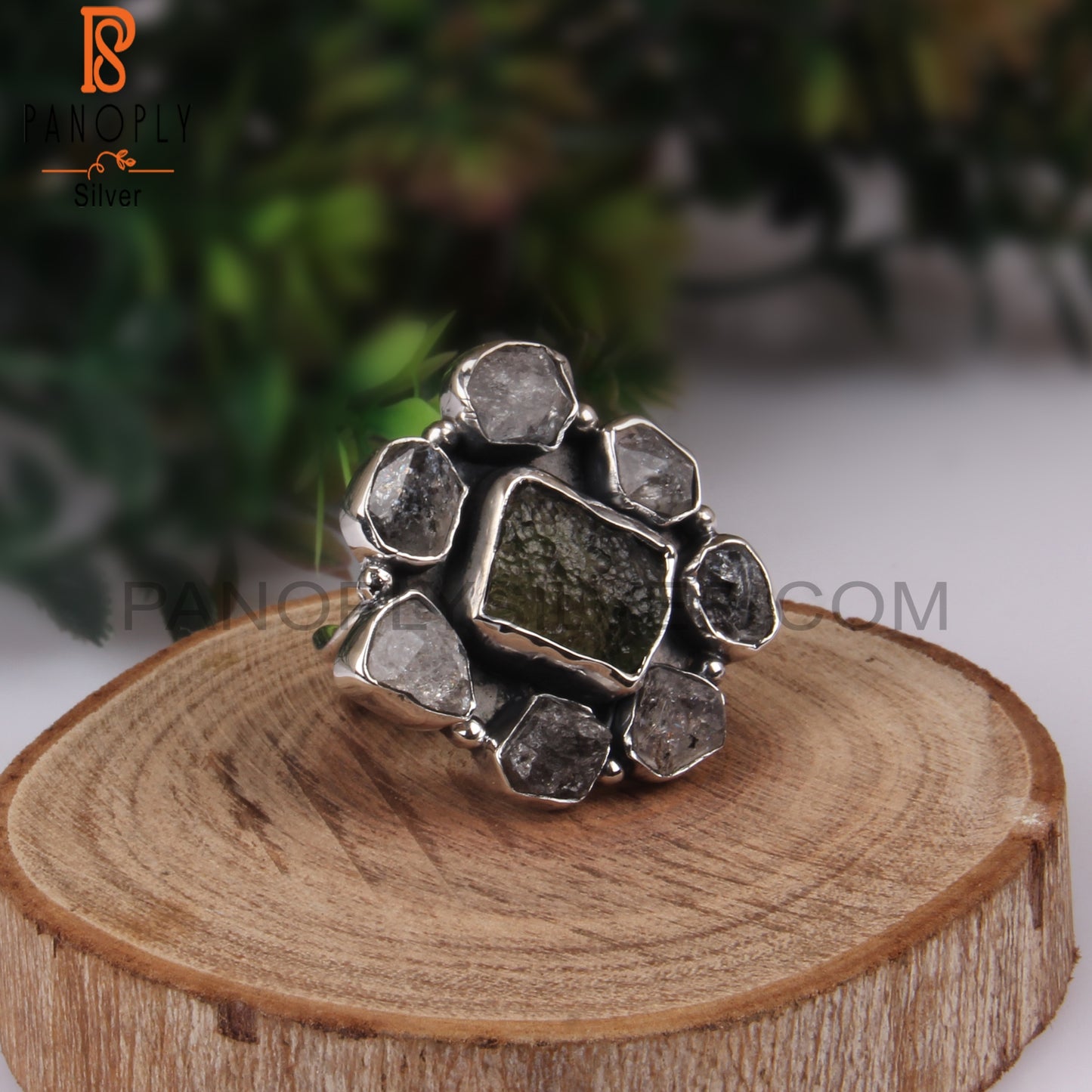 Moldavite & Herkimer Diamond Rough 925 Sterling Silver Ring