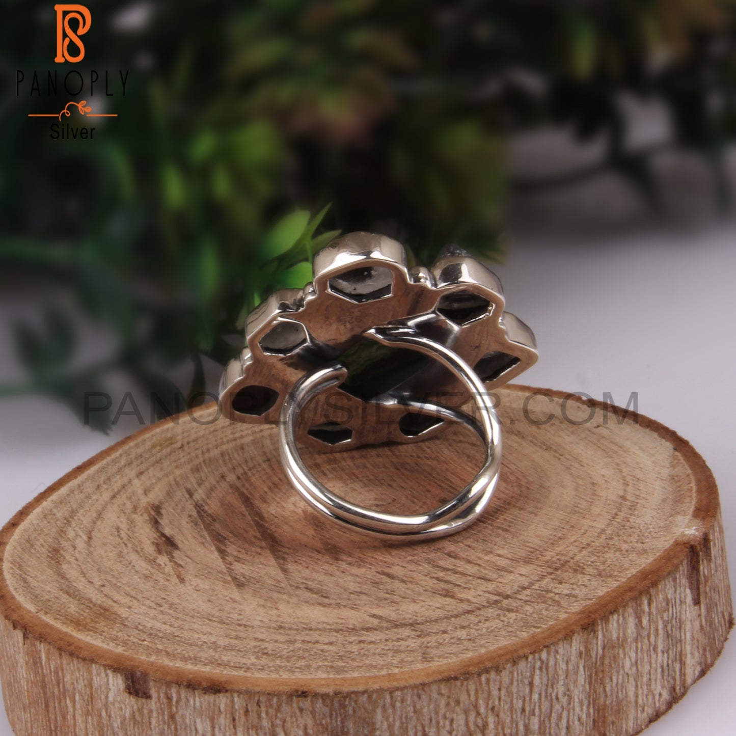 Moldavite & Herkimer Diamond Rough 925 Sterling Silver Ring