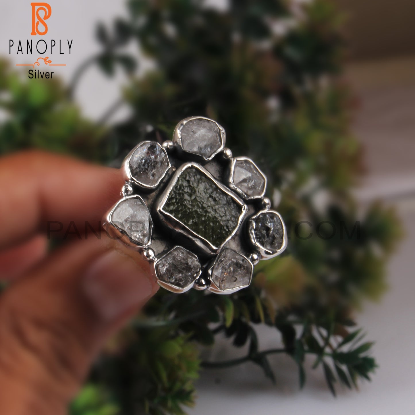 Moldavite & Herkimer Diamond Rough 925 Sterling Silver Ring