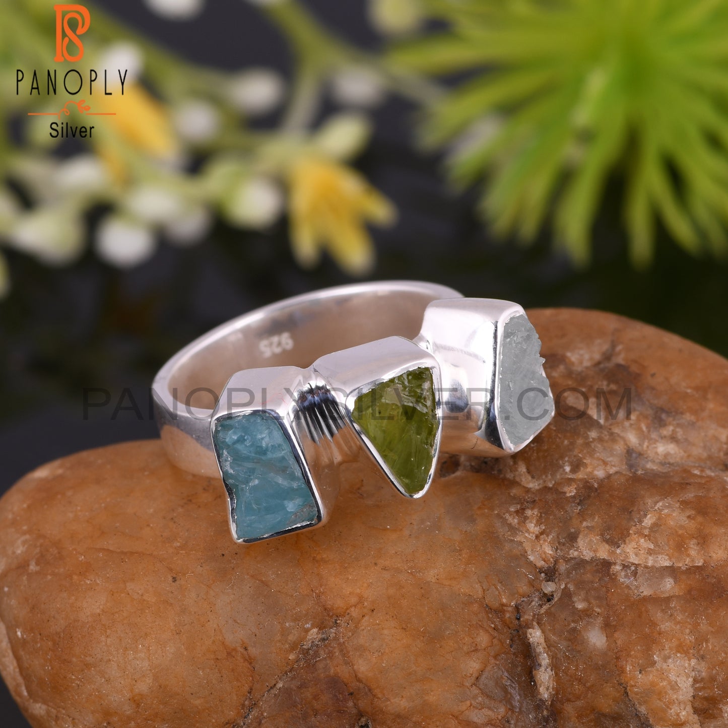 Aquamarine, Peridot & Apatite 925 Sterling Silver Ring