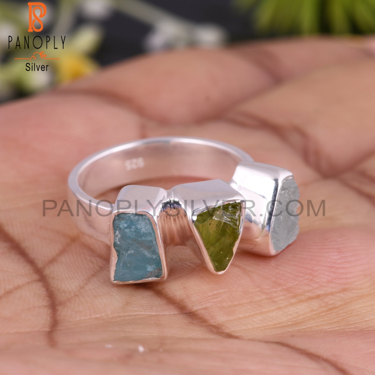 Aquamarine, Peridot & Apatite 925 Sterling Silver Ring
