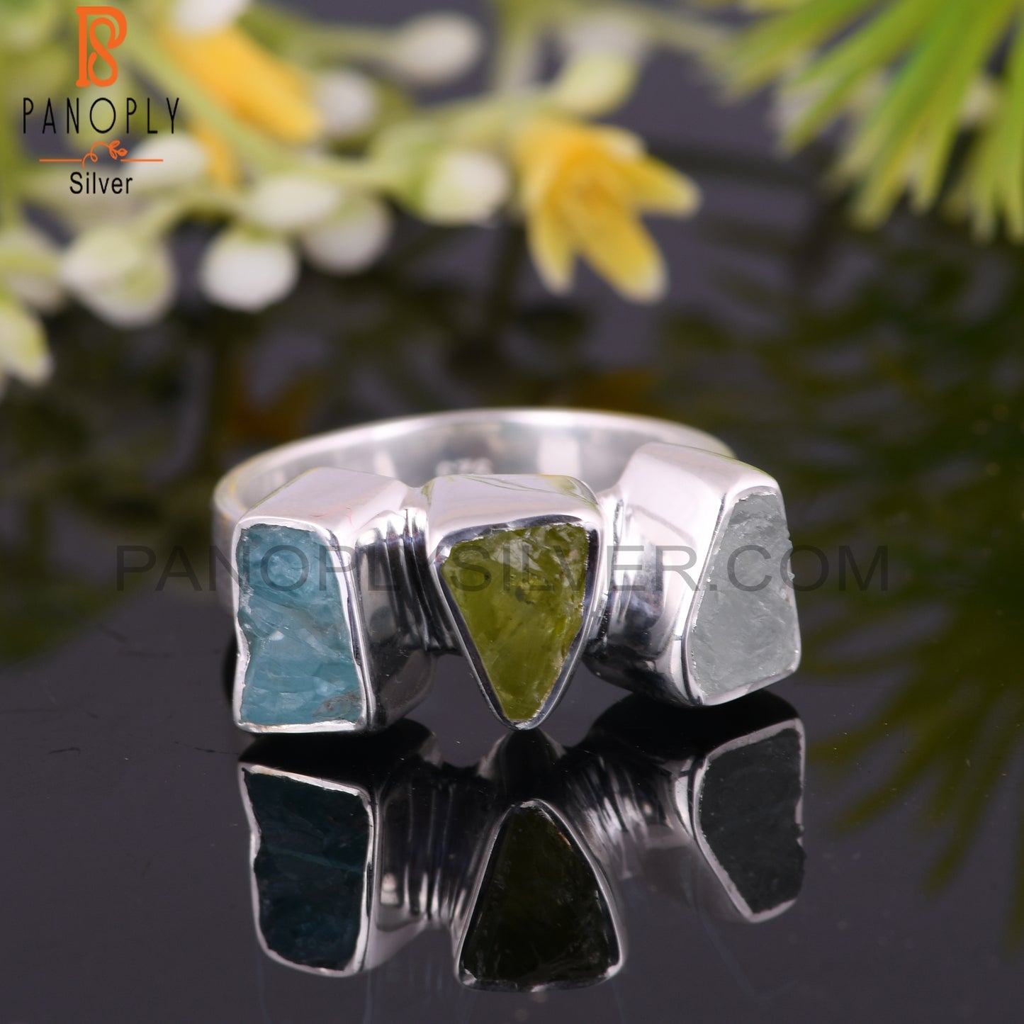 Aquamarine, Peridot & Apatite 925 Sterling Silver Ring