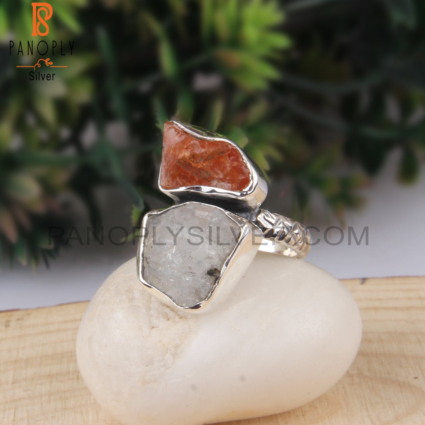 Rainbow Moonstone & Carnelian Rough 925 Sterling Silver Ring
