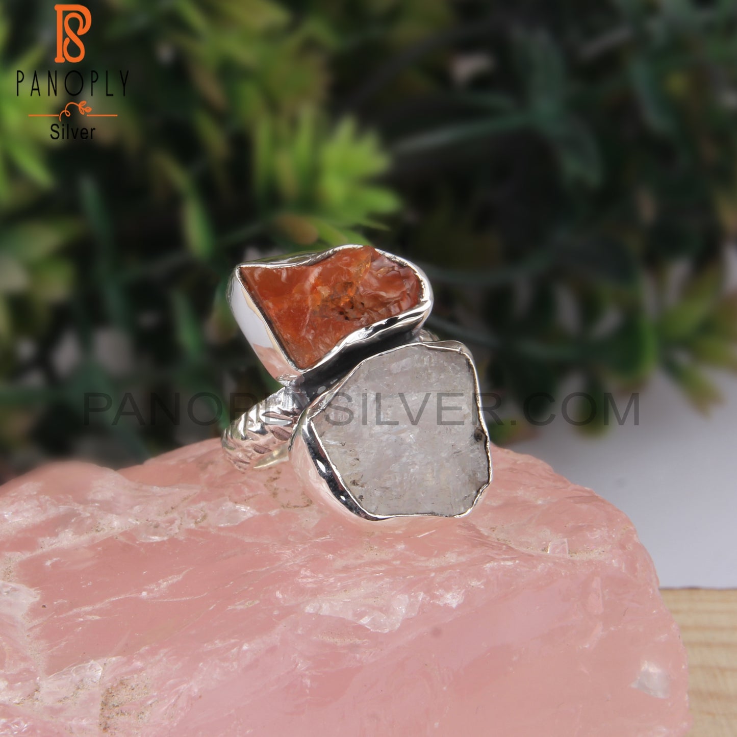 Rainbow Moonstone & Carnelian Rough 925 Sterling Silver Ring