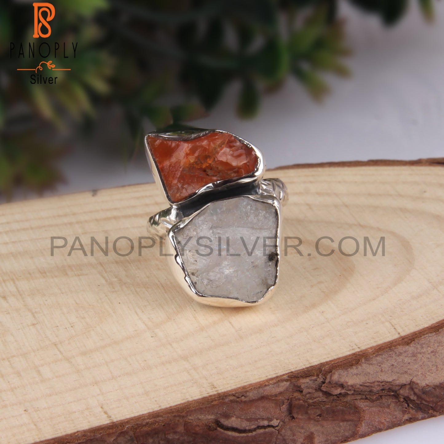 Rainbow Moonstone & Carnelian Rough 925 Sterling Silver Ring