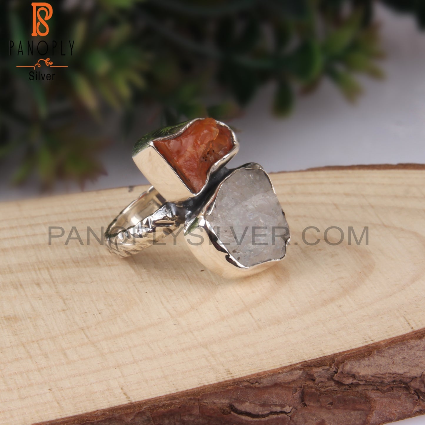 Rainbow Moonstone & Carnelian Rough 925 Sterling Silver Ring