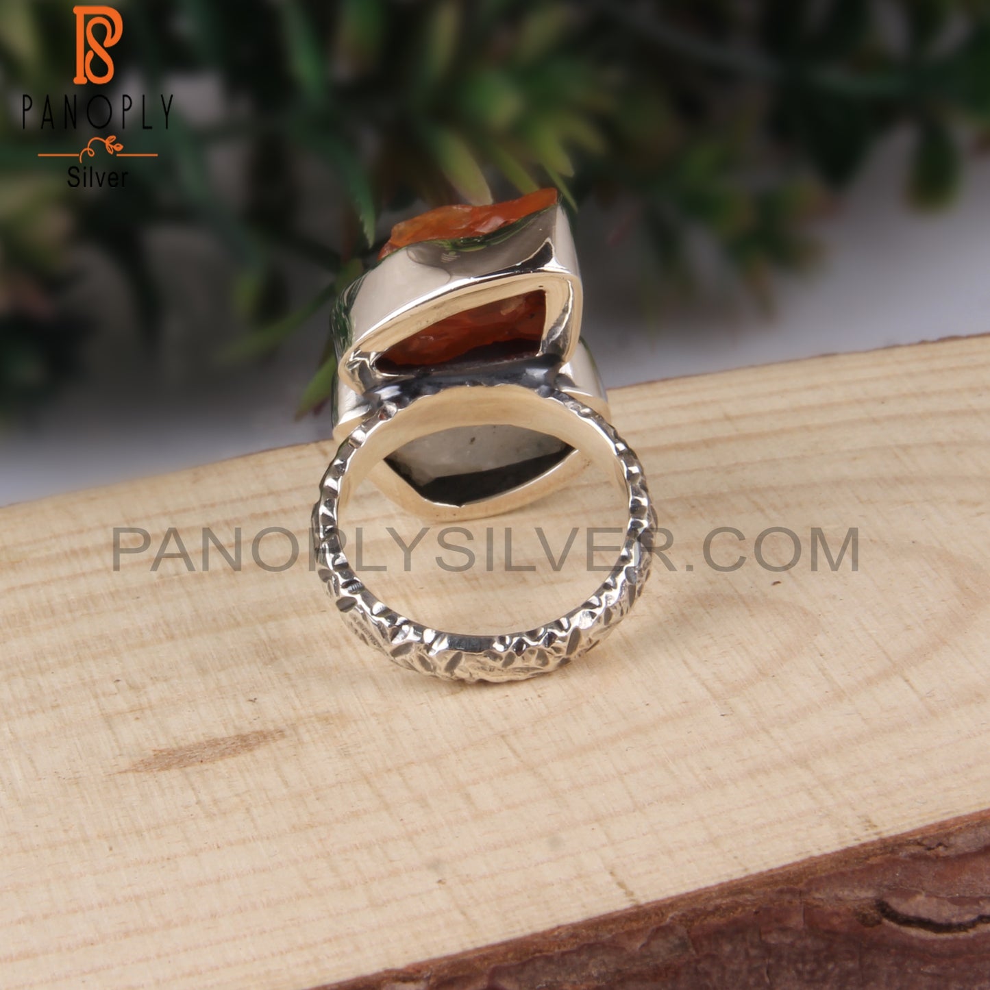 Rainbow Moonstone & Carnelian Rough 925 Sterling Silver Ring
