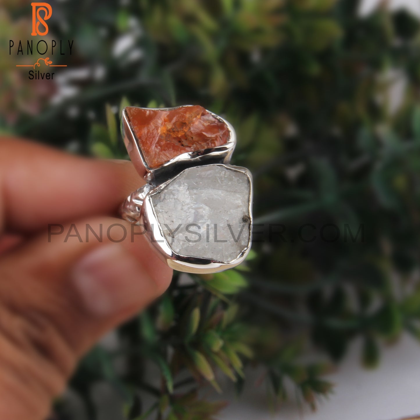 Rainbow Moonstone & Carnelian Rough 925 Sterling Silver Ring