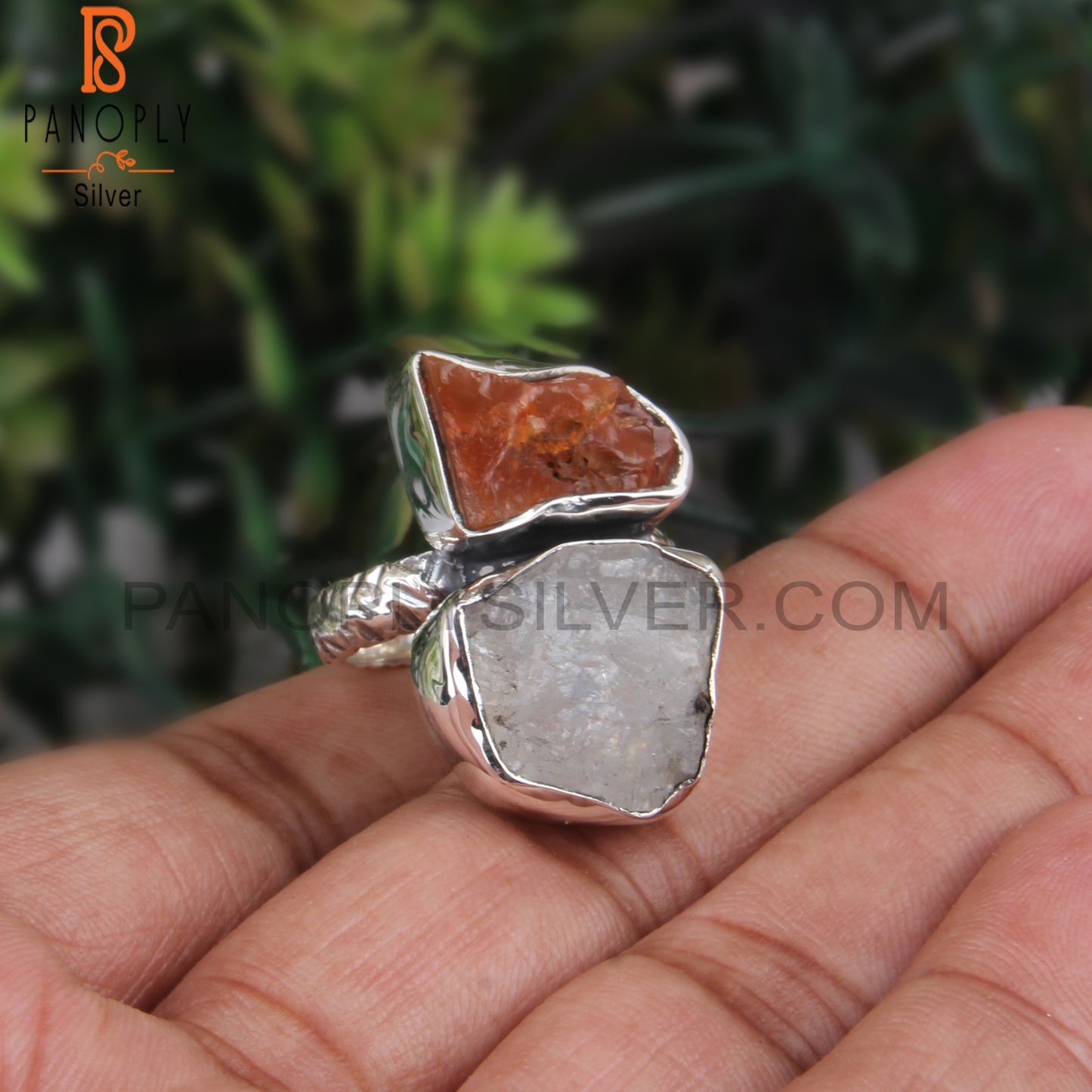Rainbow Moonstone & Carnelian Rough 925 Sterling Silver Ring