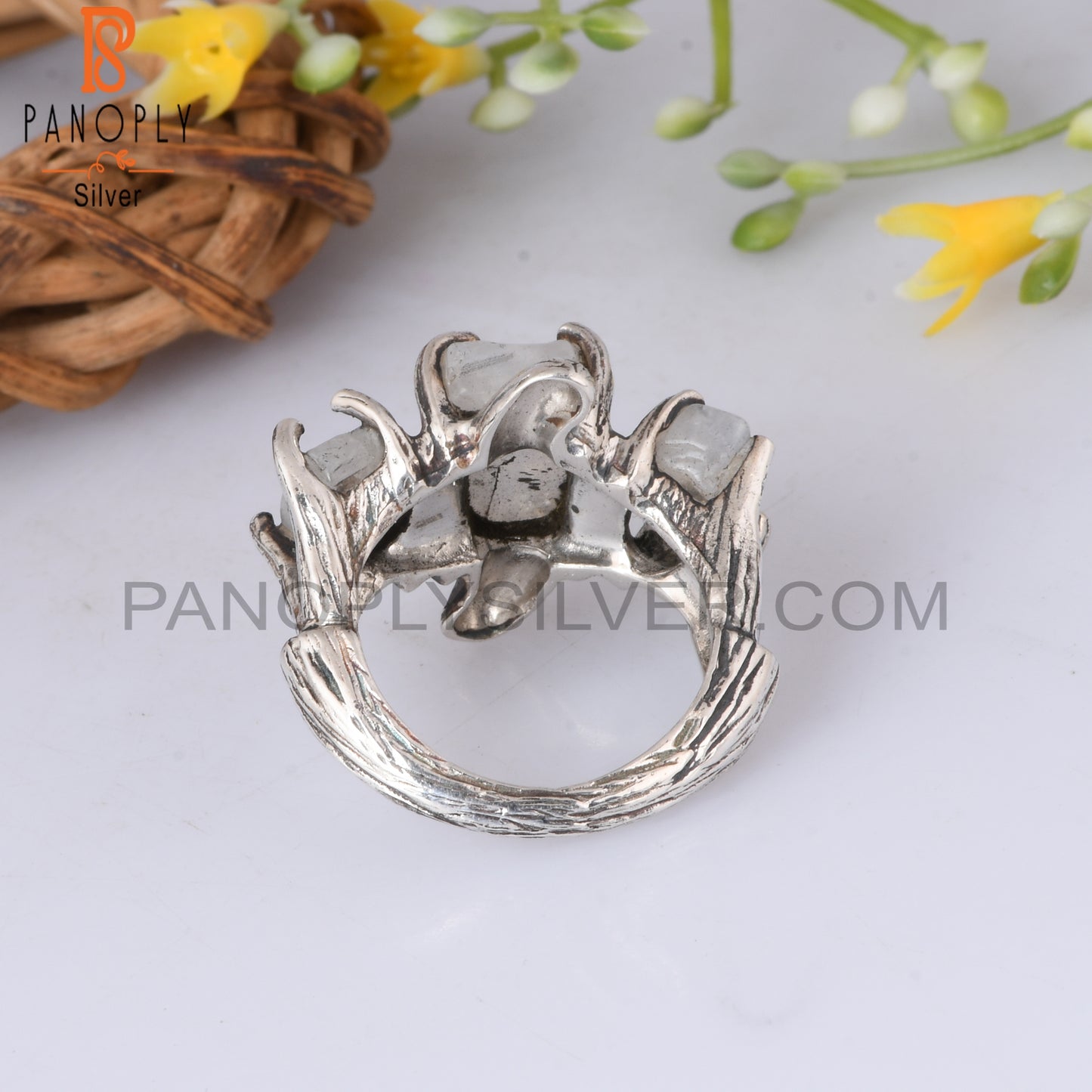 Rainbow Moonstone 925 Sterling Silver Branch 3 Stone Ring