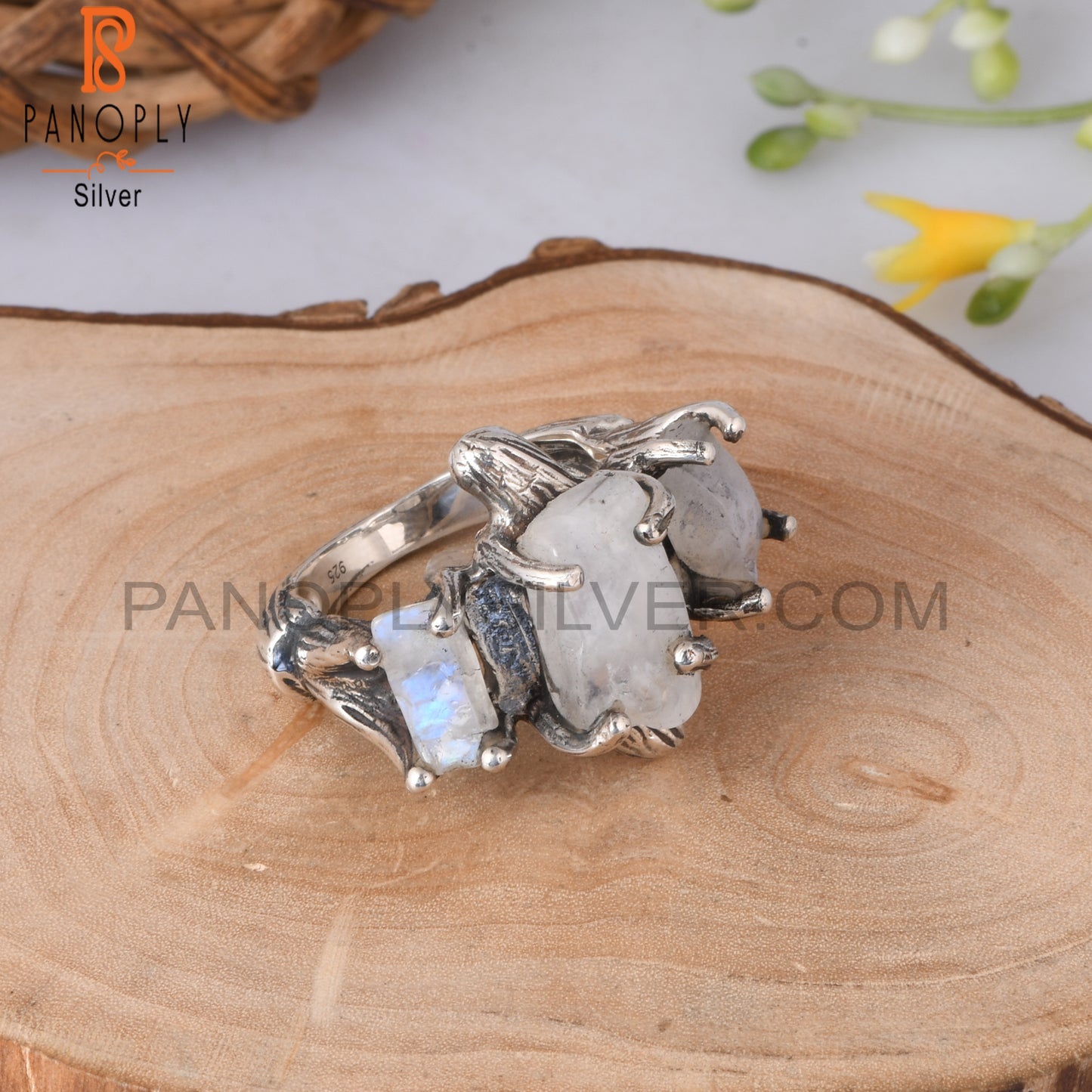 Rainbow Moonstone 925 Sterling Silver Branch 3 Stone Ring
