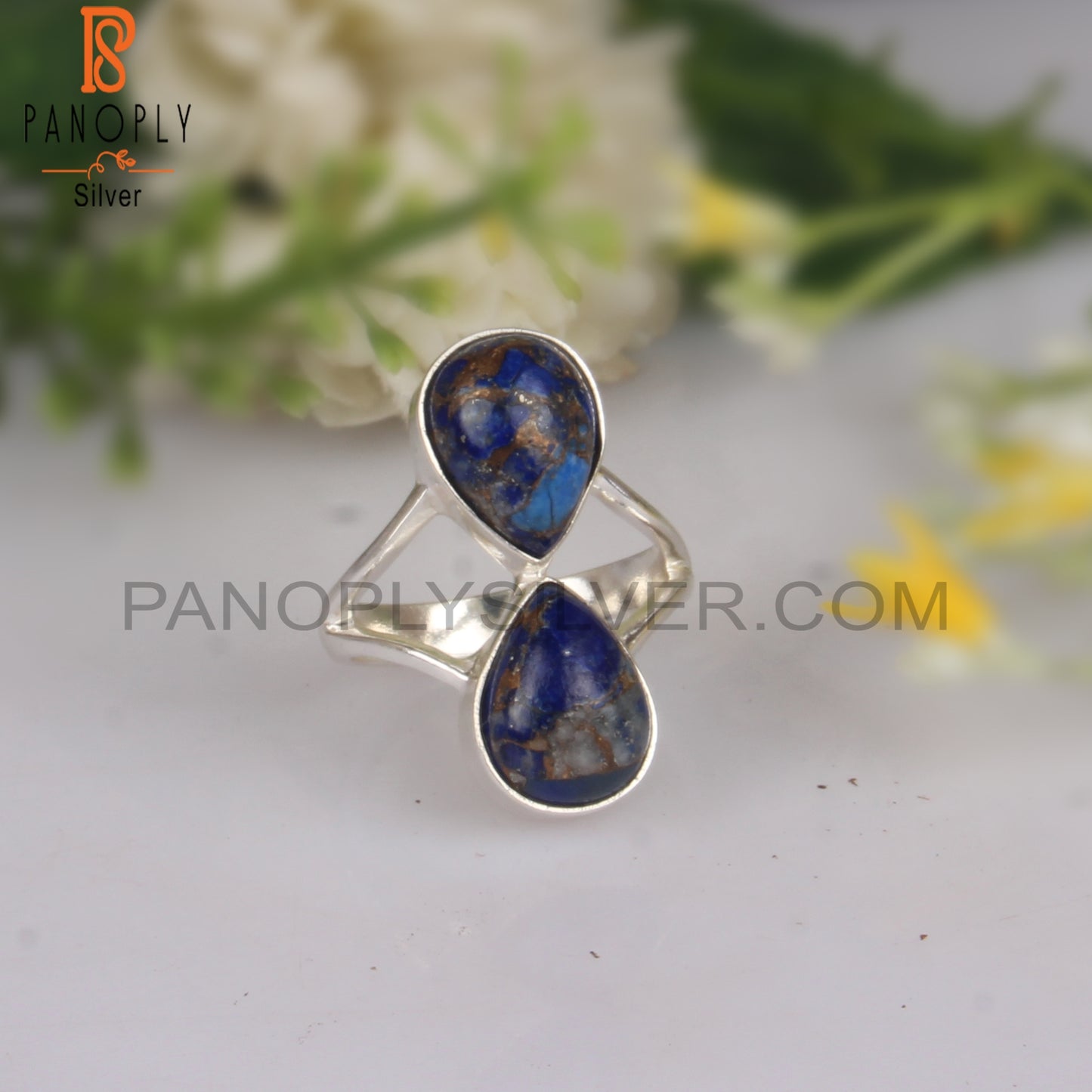 Pear Shape Mojave Copper Lapis Silver Ring For Anniversary