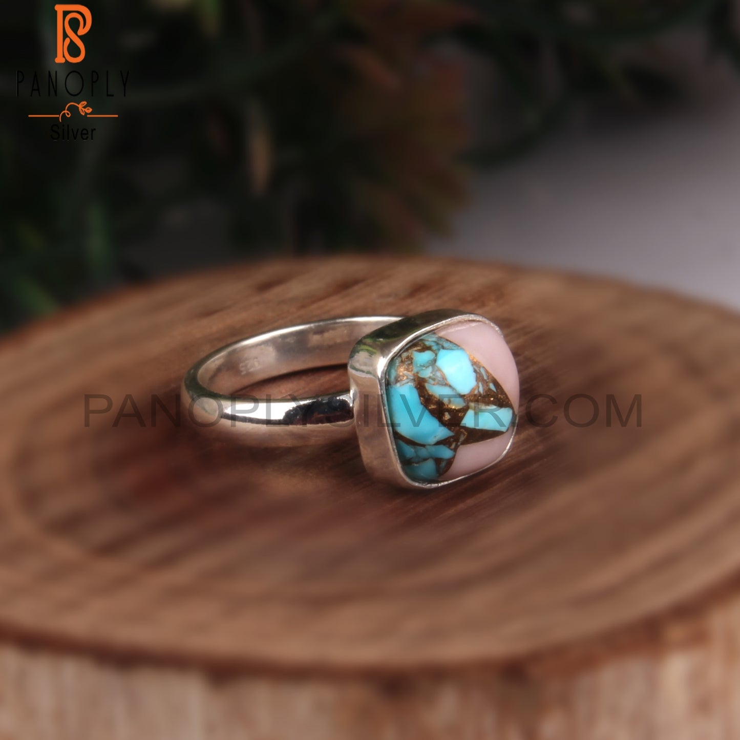 Mojave Copper Pink Opal Turquoise Cushion 925 Silver Ring