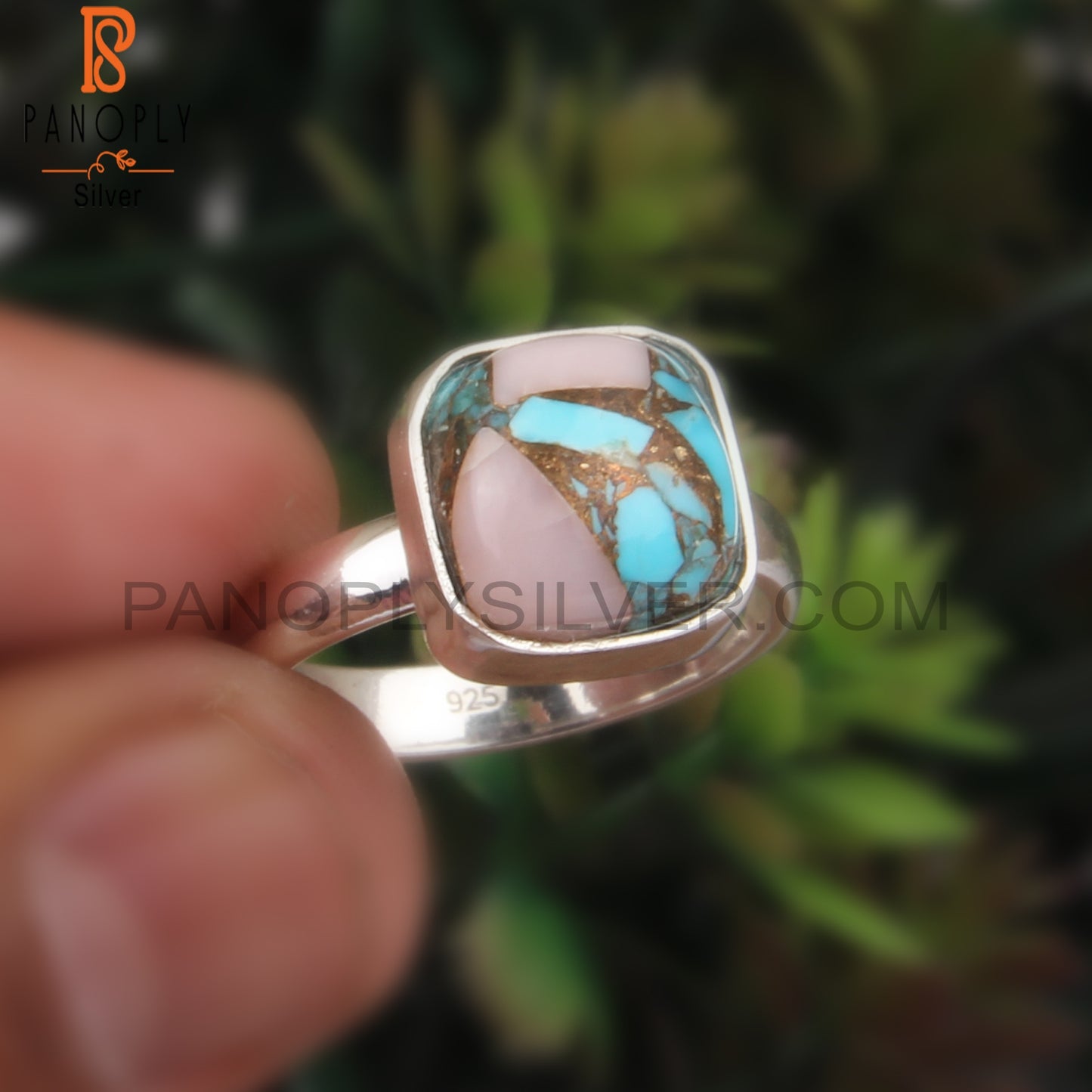 Mojave Copper Pink Opal Turquoise Cushion 925 Silver Ring
