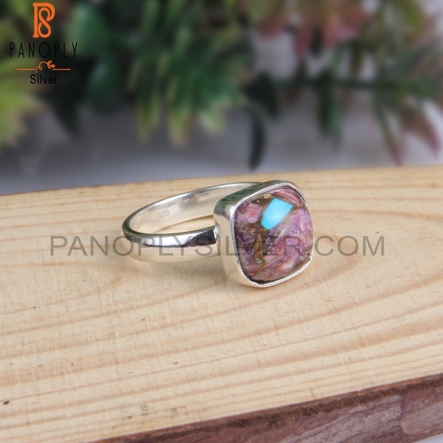 Mojave Copper Purple Oyster Turquoise Cushion 925 Silver Ring