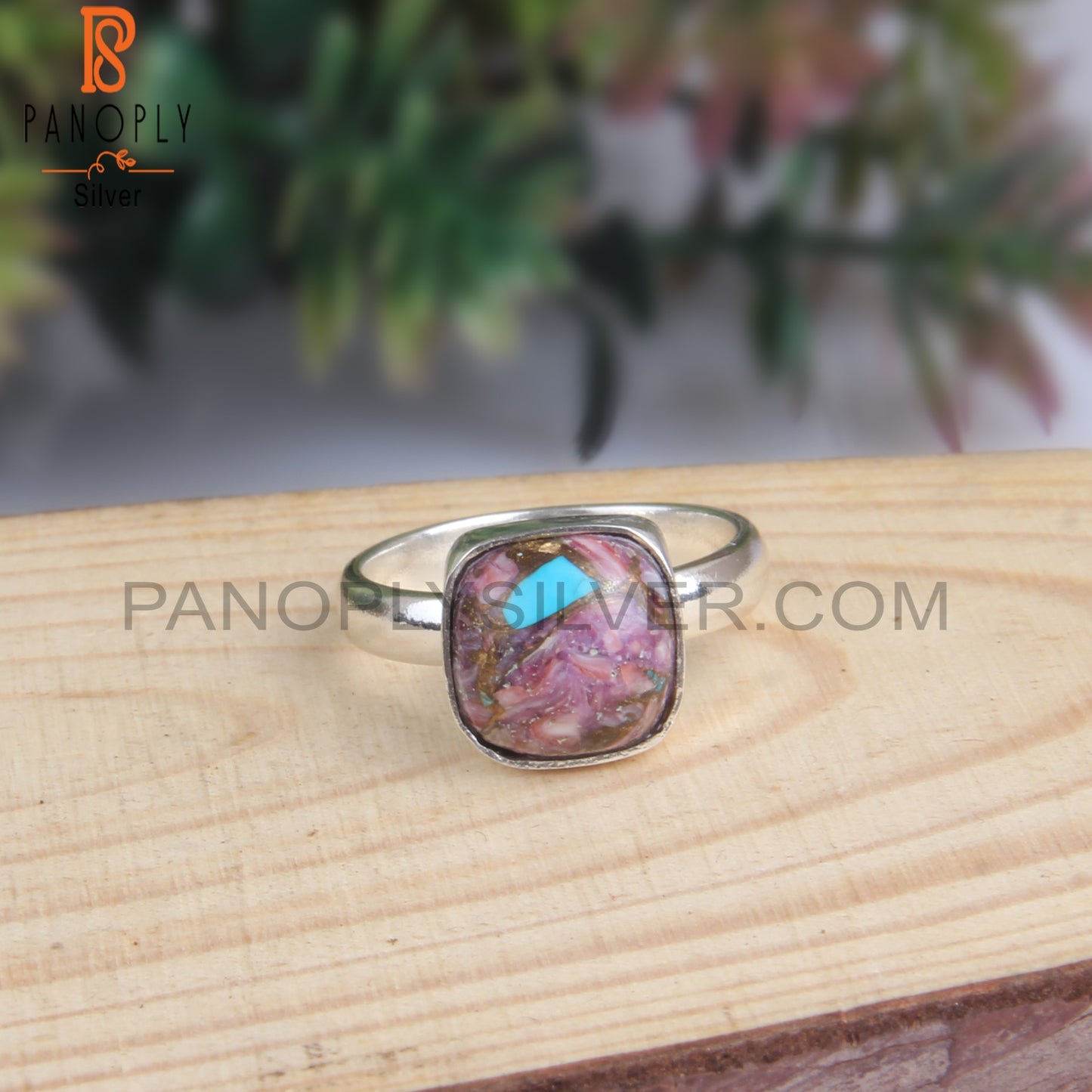 Mojave Copper Purple Oyster Turquoise Cushion 925 Silver Ring