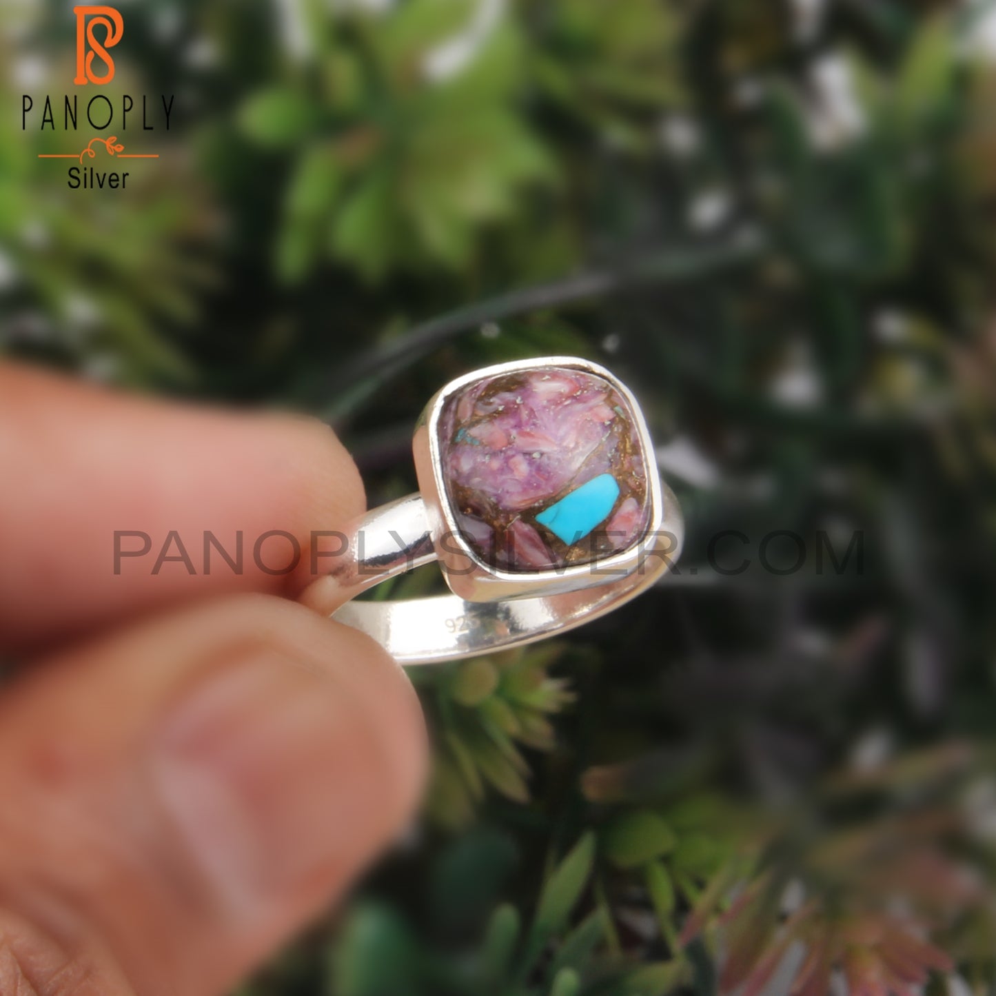 Mojave Copper Purple Oyster Turquoise Cushion 925 Silver Ring