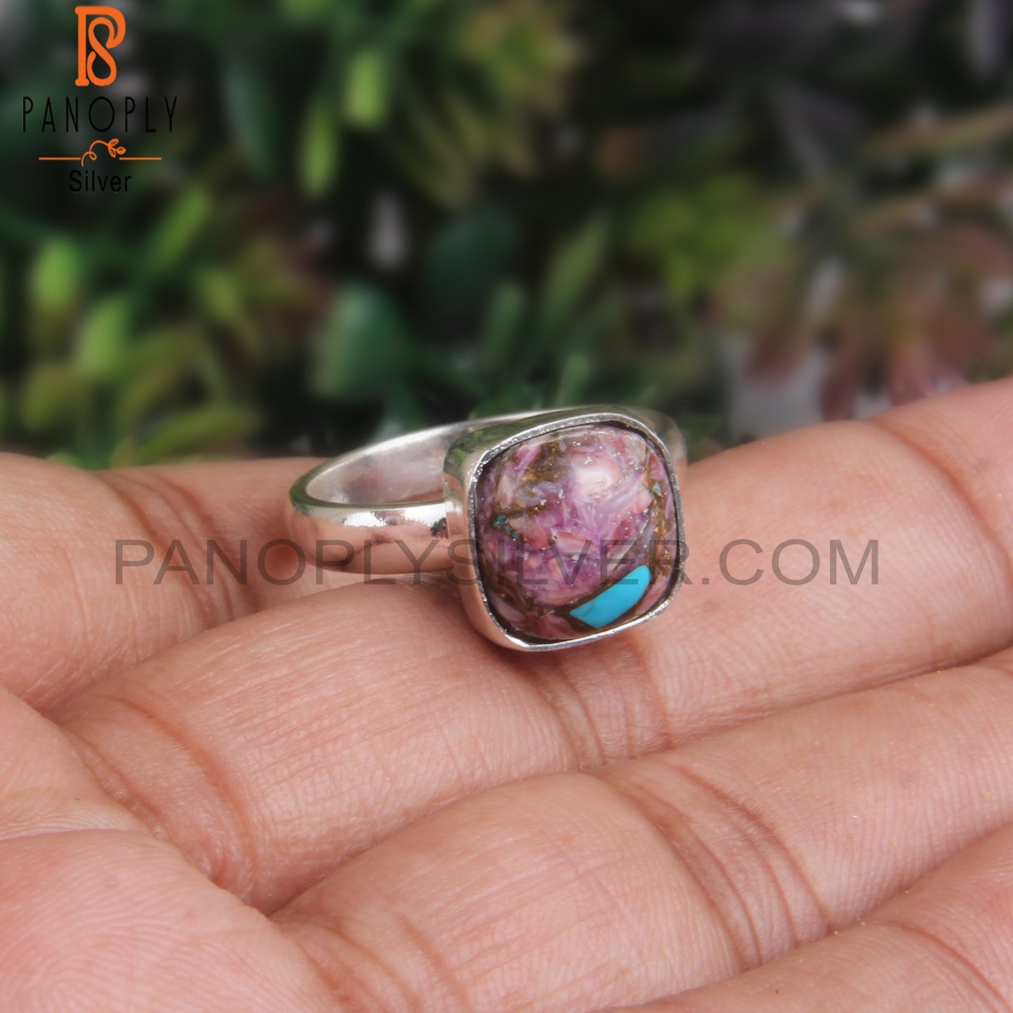 Mojave Copper Purple Oyster Turquoise Cushion 925 Silver Ring