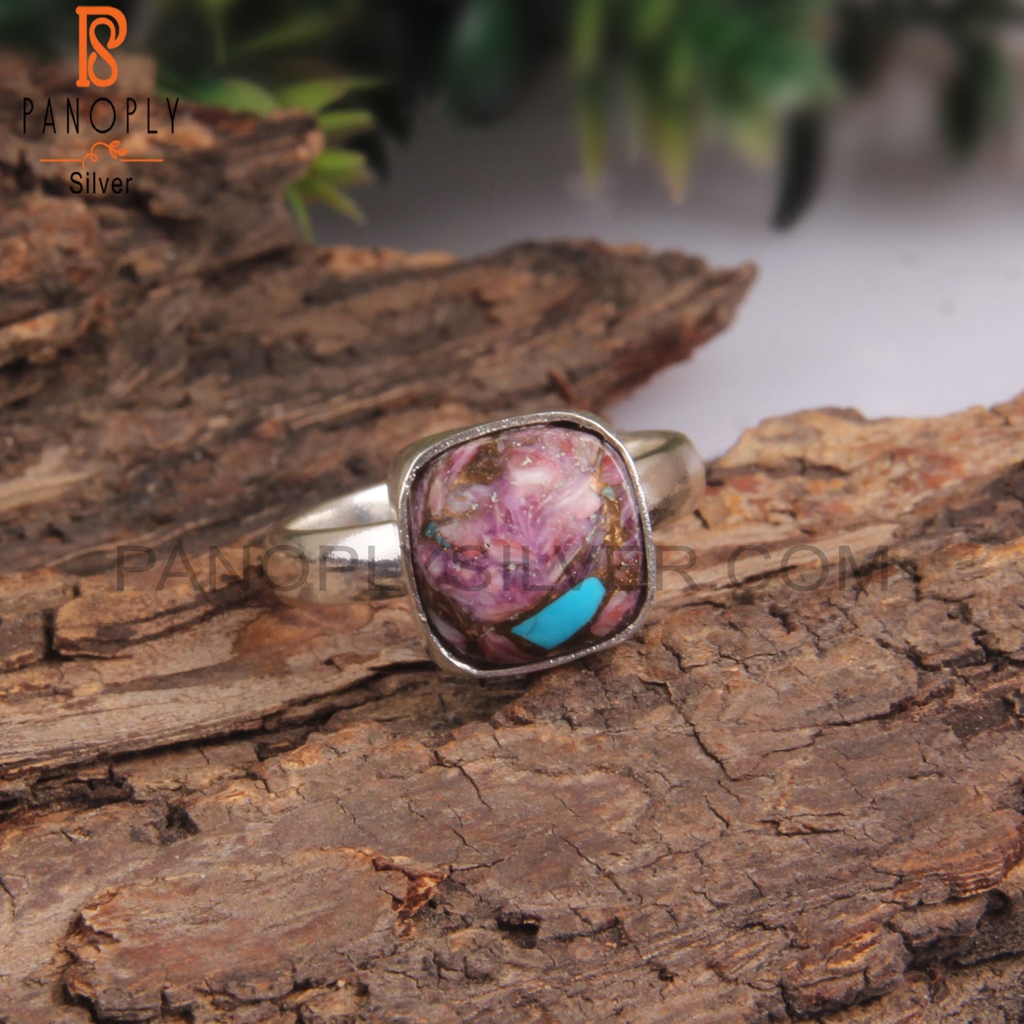 Mojave Copper Purple Oyster Turquoise Cushion 925 Silver Ring