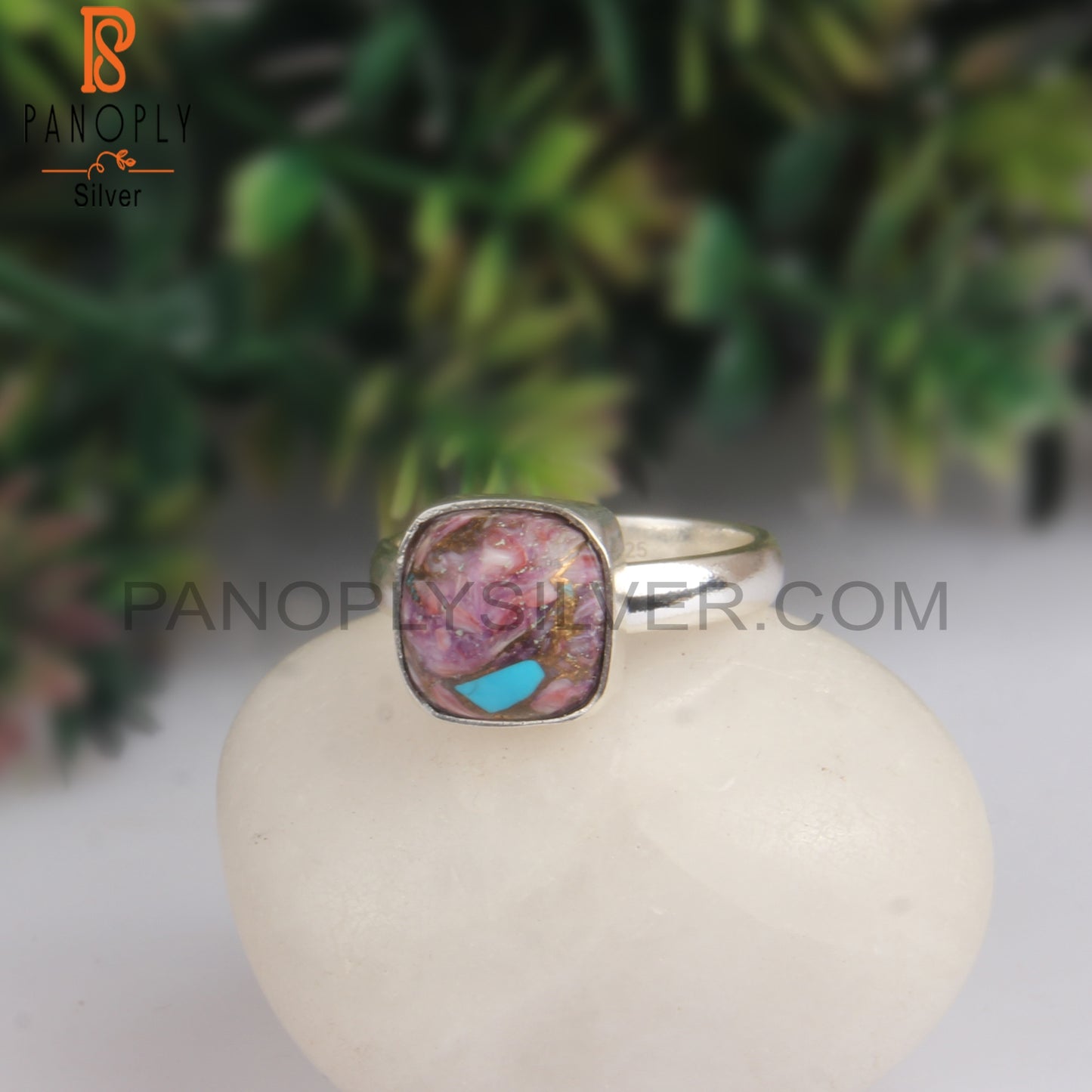 Mojave Copper Purple Oyster Turquoise Cushion 925 Silver Ring