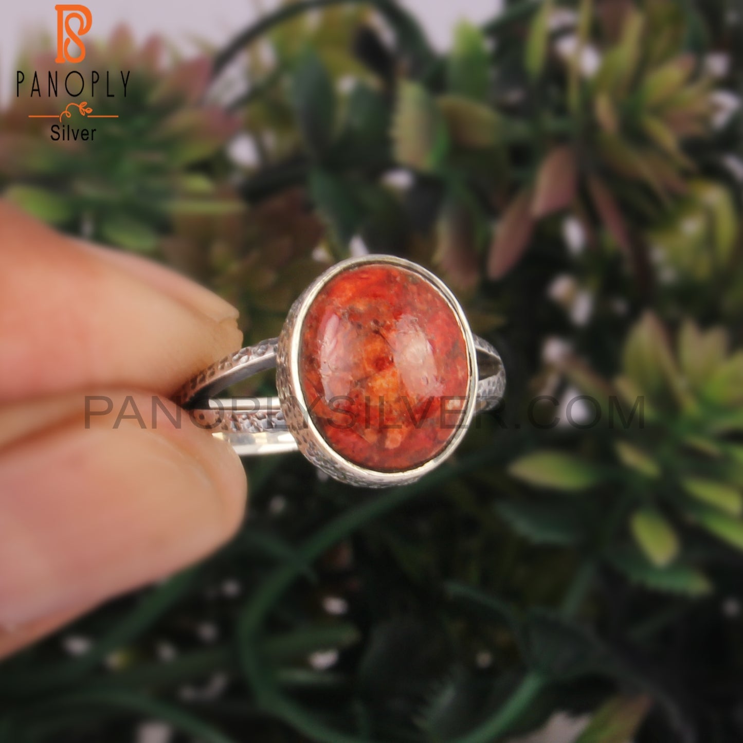 Cabochon Sponge Coral Oval 925 Sterling Silver Ring