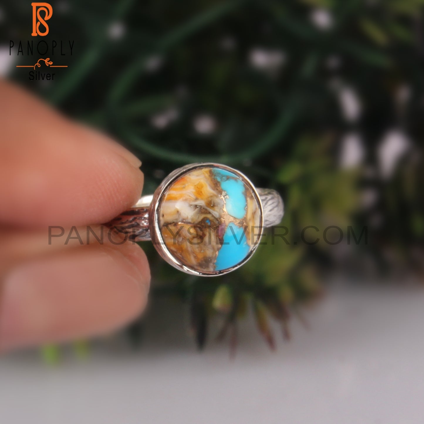 Mojave Copper Oyster Turquoise Round 925 Sterling Silver Ring