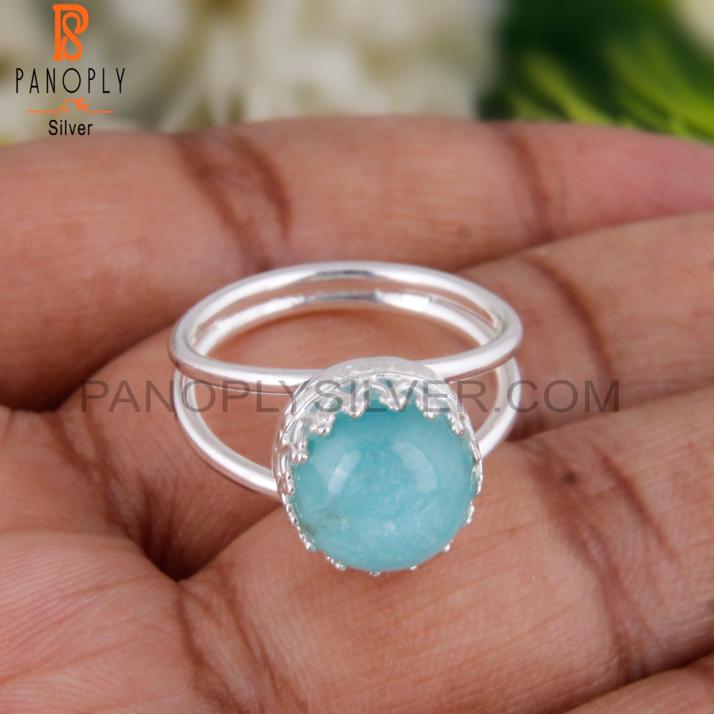 Doublet Amazonite Crystal Round Shape 925 Sterling Silver Ring