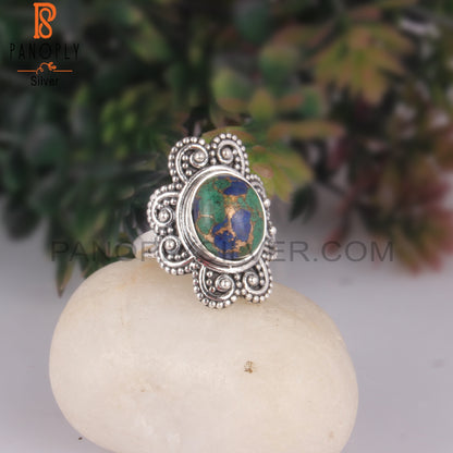 Mojave Copper Azurite Malachite Oval Shape 925 Silver Ring