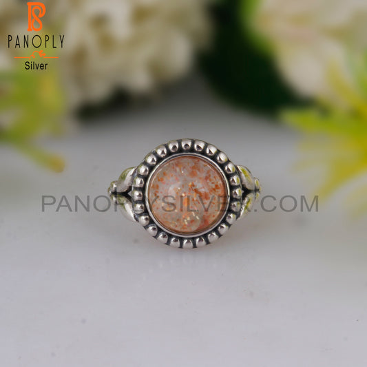Doublet Sunstone Crystal Round Shape 925 Sterling Silver Ring