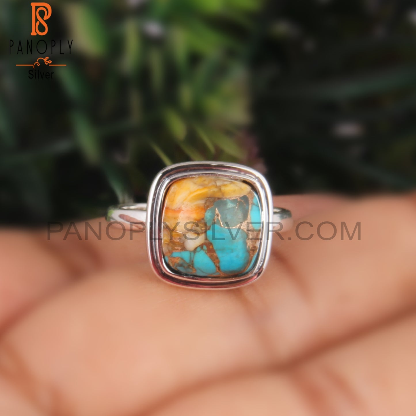 Mojave Copper Oyster Turquoise Cabochon Cushion Silver Ring