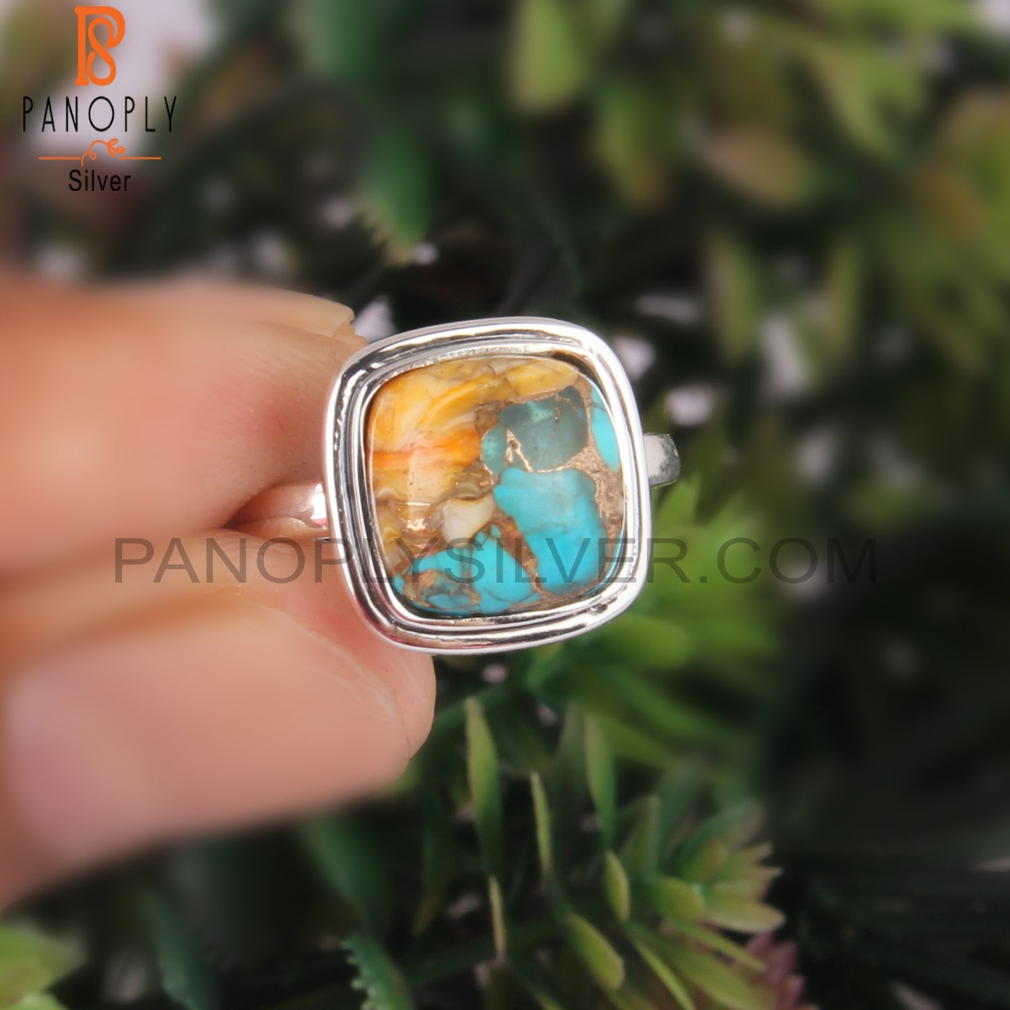 Mojave Copper Oyster Turquoise Cabochon Cushion Silver Ring