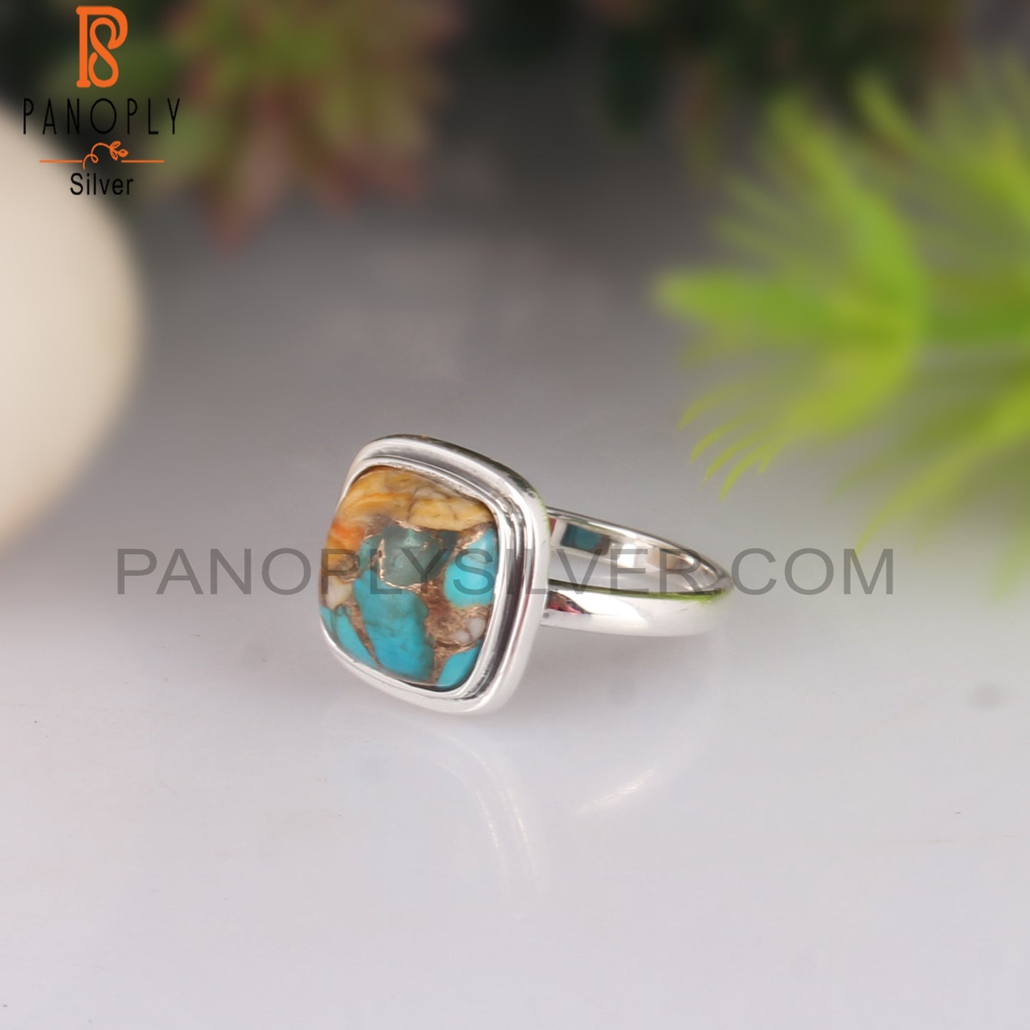 Mojave Copper Oyster Turquoise Cabochon Cushion Silver Ring