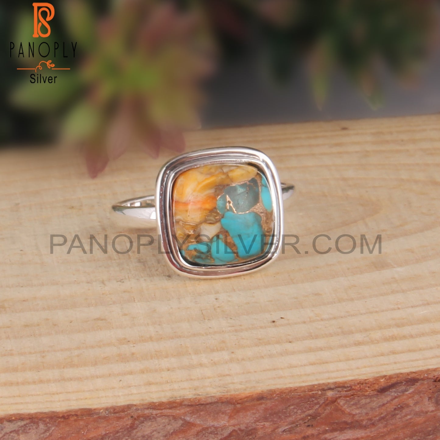 Mojave Copper Oyster Turquoise Cabochon Cushion Silver Ring