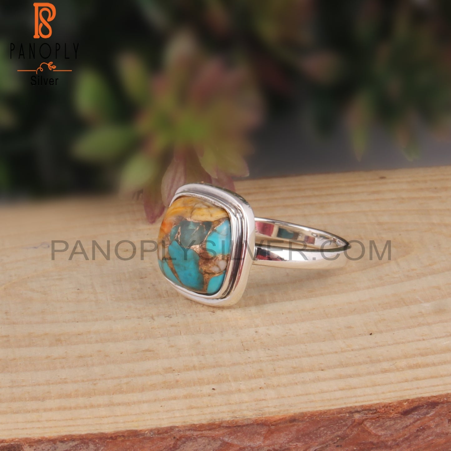 Mojave Copper Oyster Turquoise Cabochon Cushion Silver Ring