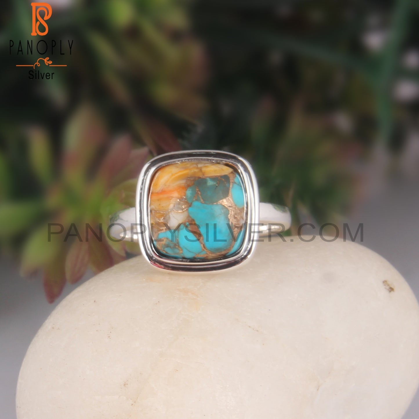 Mojave Copper Oyster Turquoise Cabochon Cushion Silver Ring