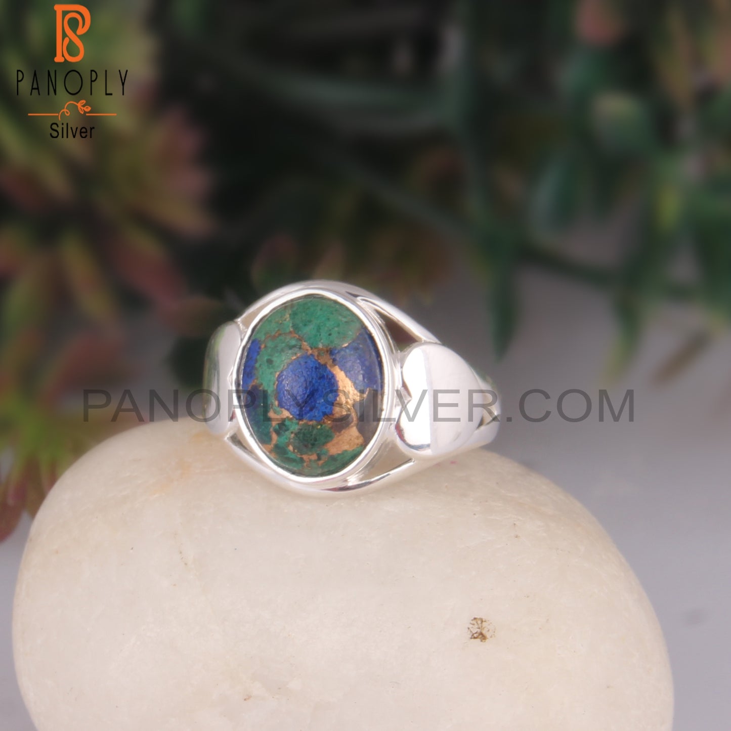 Mojave Copper Azurite Oval Shape 925 Sterling Silver Ring