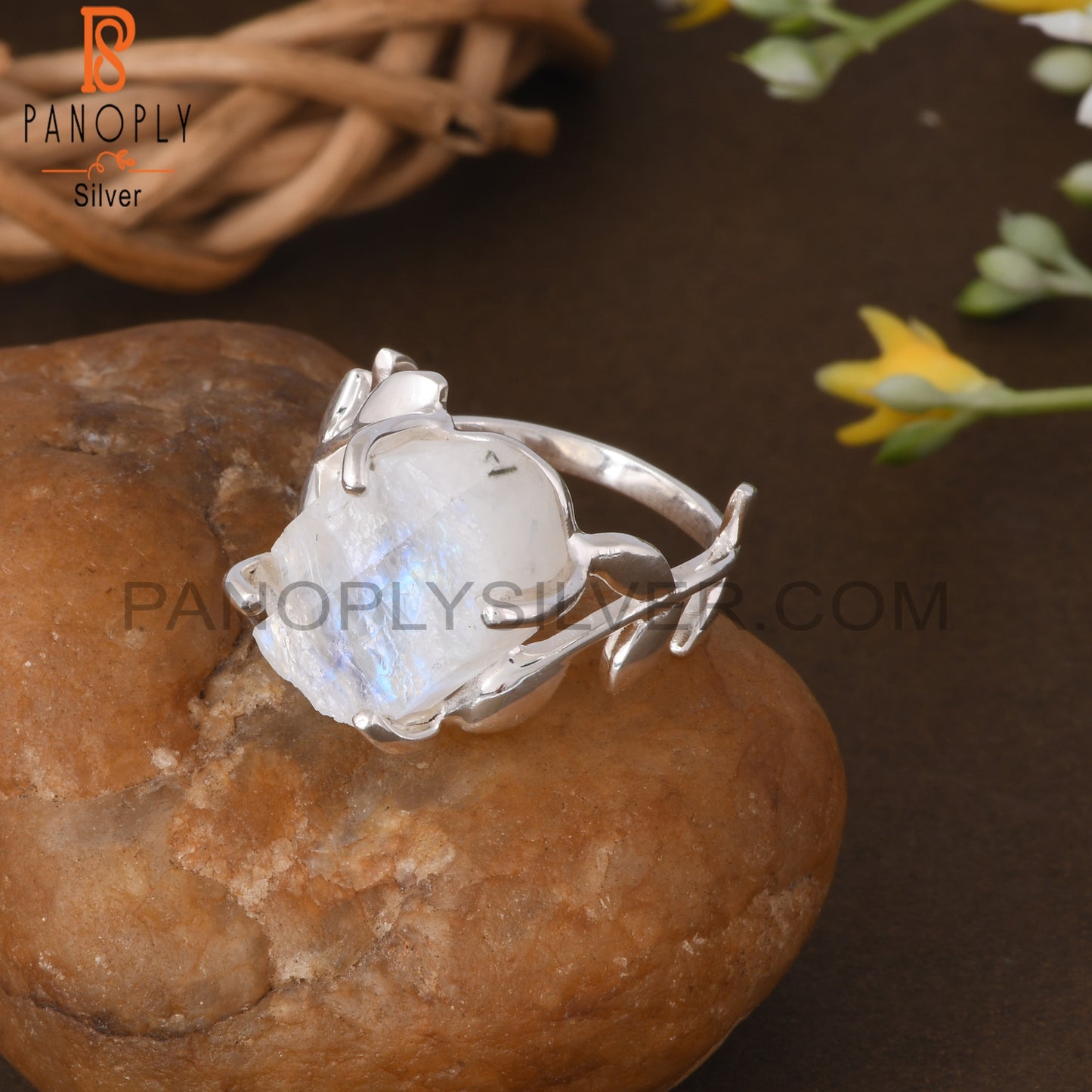 Rainbow Moonstone 925 Sterling Silver Leaf Branch Ring