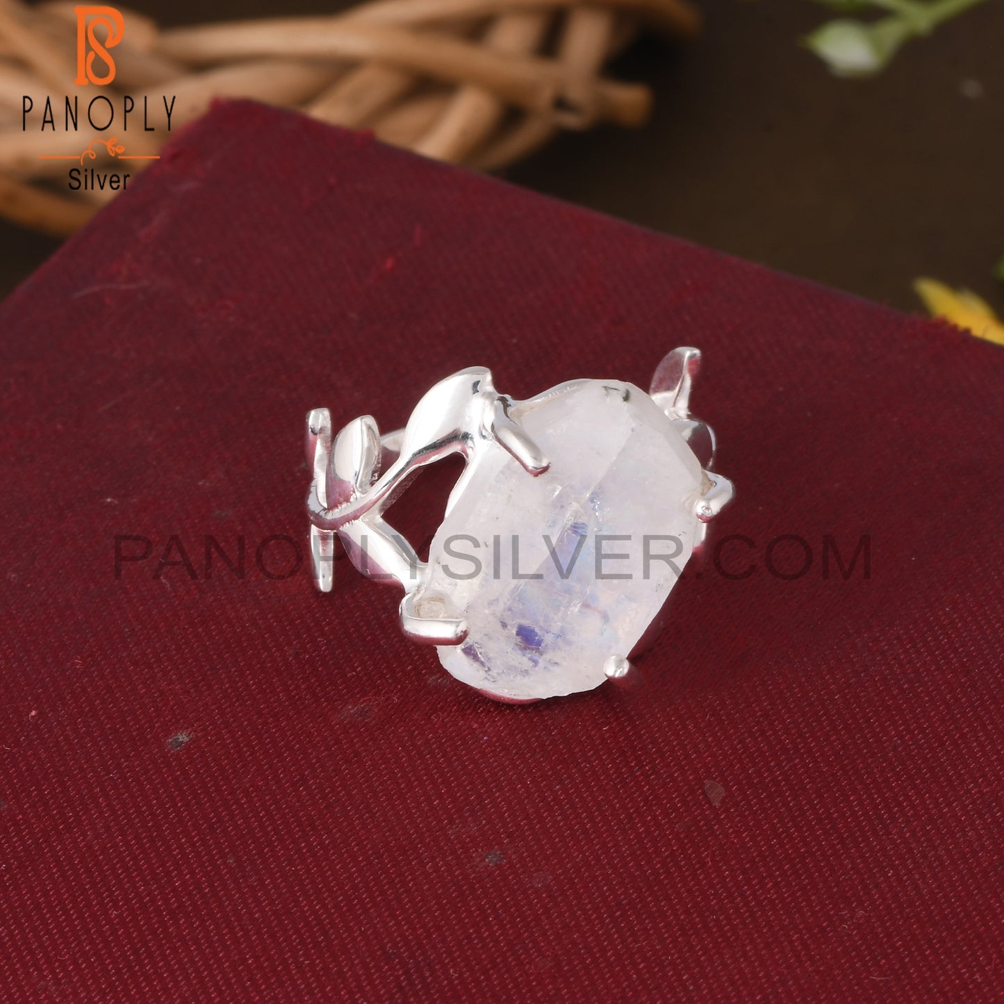 Rainbow Moonstone 925 Sterling Silver Leaf Branch Ring