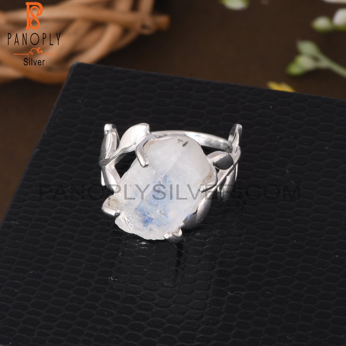 Rainbow Moonstone 925 Sterling Silver Leaf Branch Ring