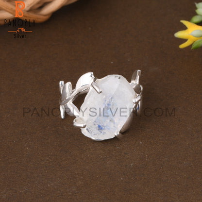 Rainbow Moonstone 925 Sterling Silver Leaf Branch Ring