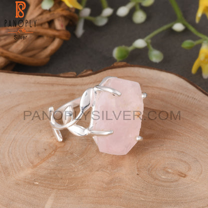 Branch Rose Quartz Rough 925 Sterling Silver Leaf Ring