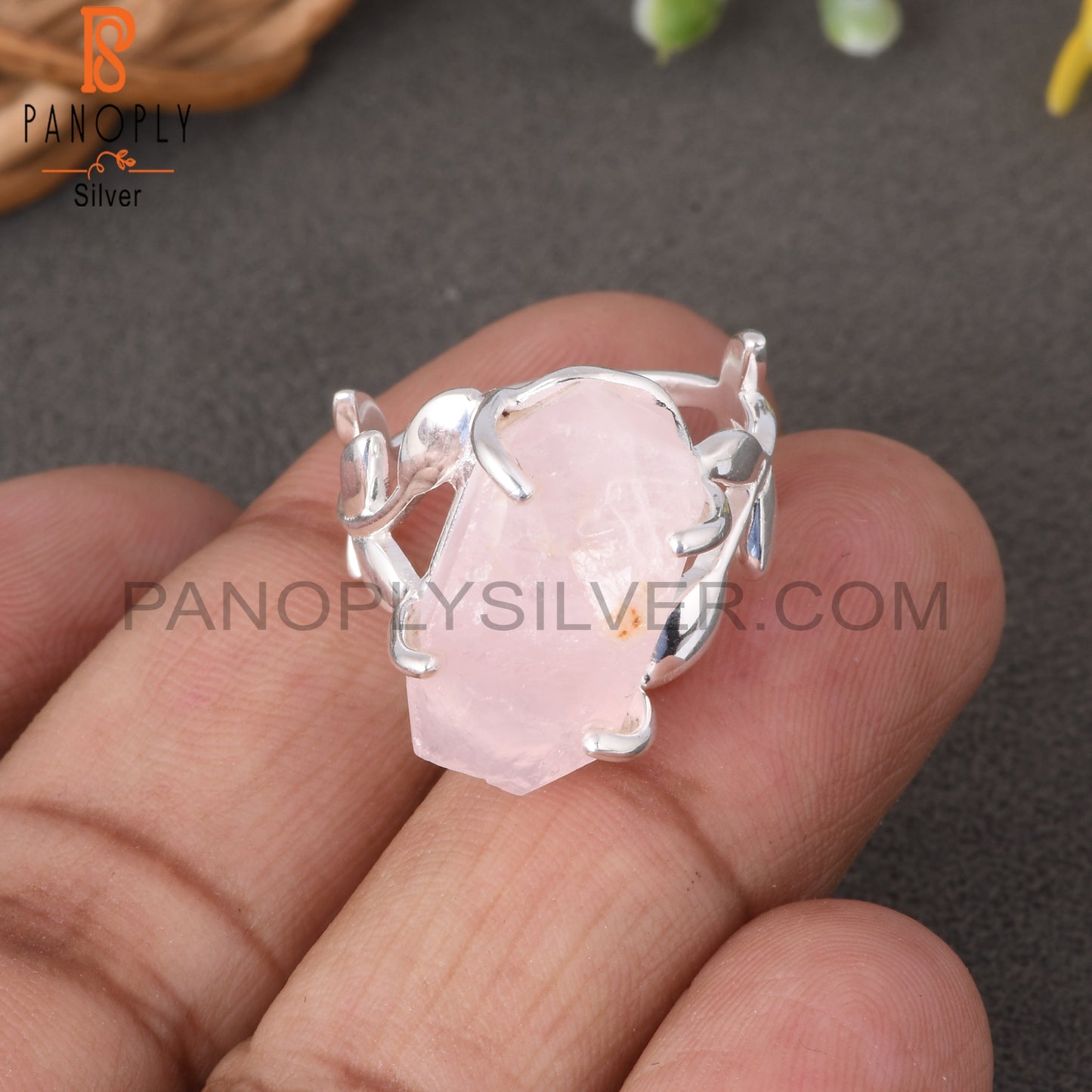 Branch Rose Quartz Rough 925 Sterling Silver Leaf Ring