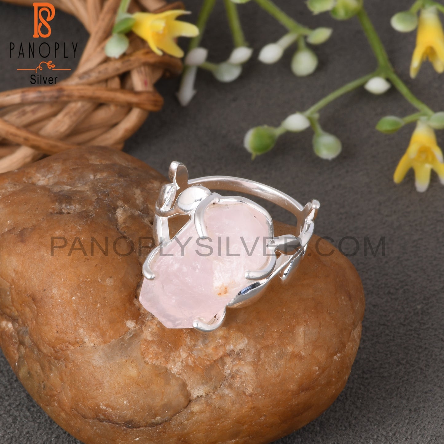 Branch Rose Quartz Rough 925 Sterling Silver Leaf Ring