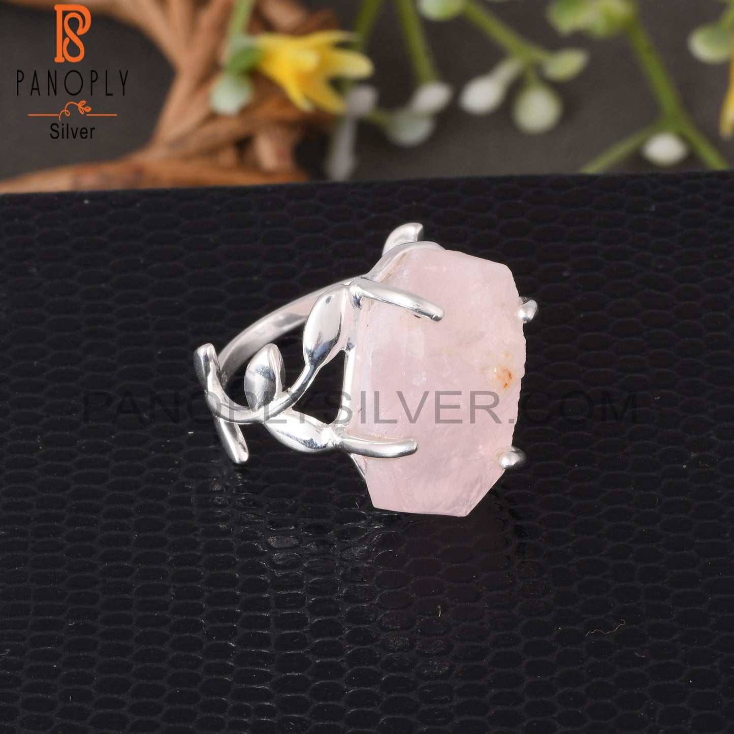 Branch Rose Quartz Rough 925 Sterling Silver Leaf Ring